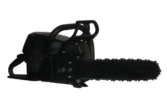 A black chainsaw with a white background