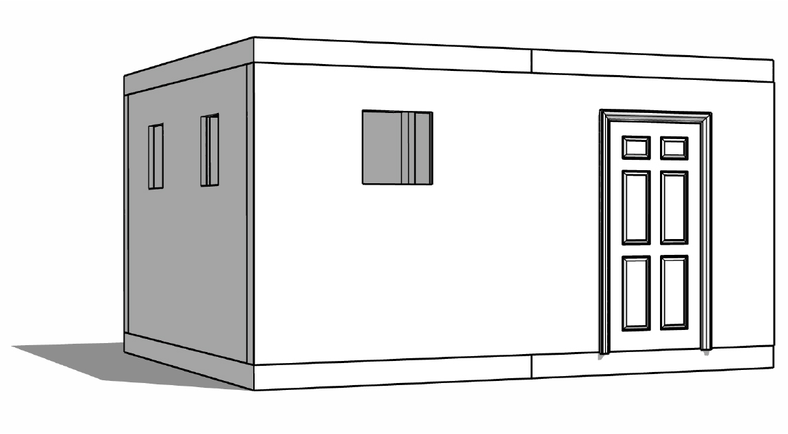 A drawing of a small building with windows.