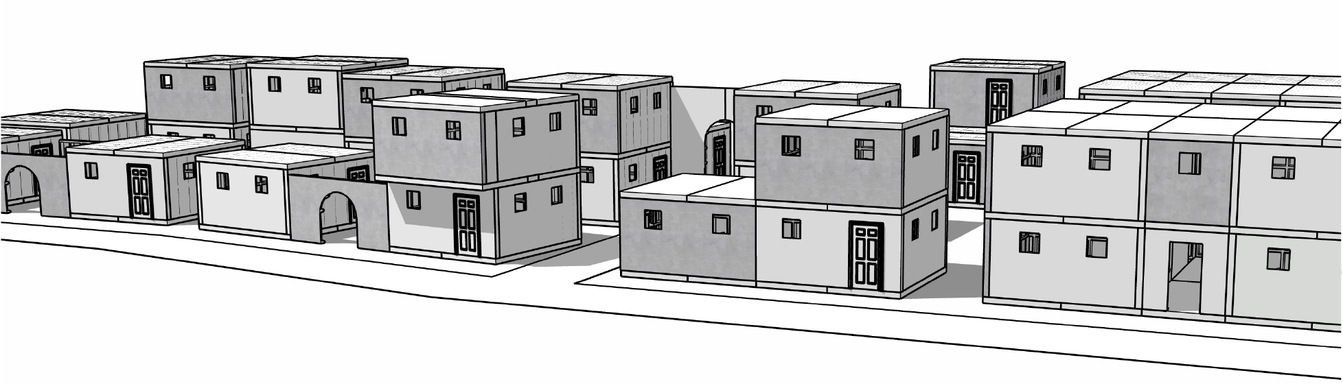 A drawing of some buildings in the middle of a street.