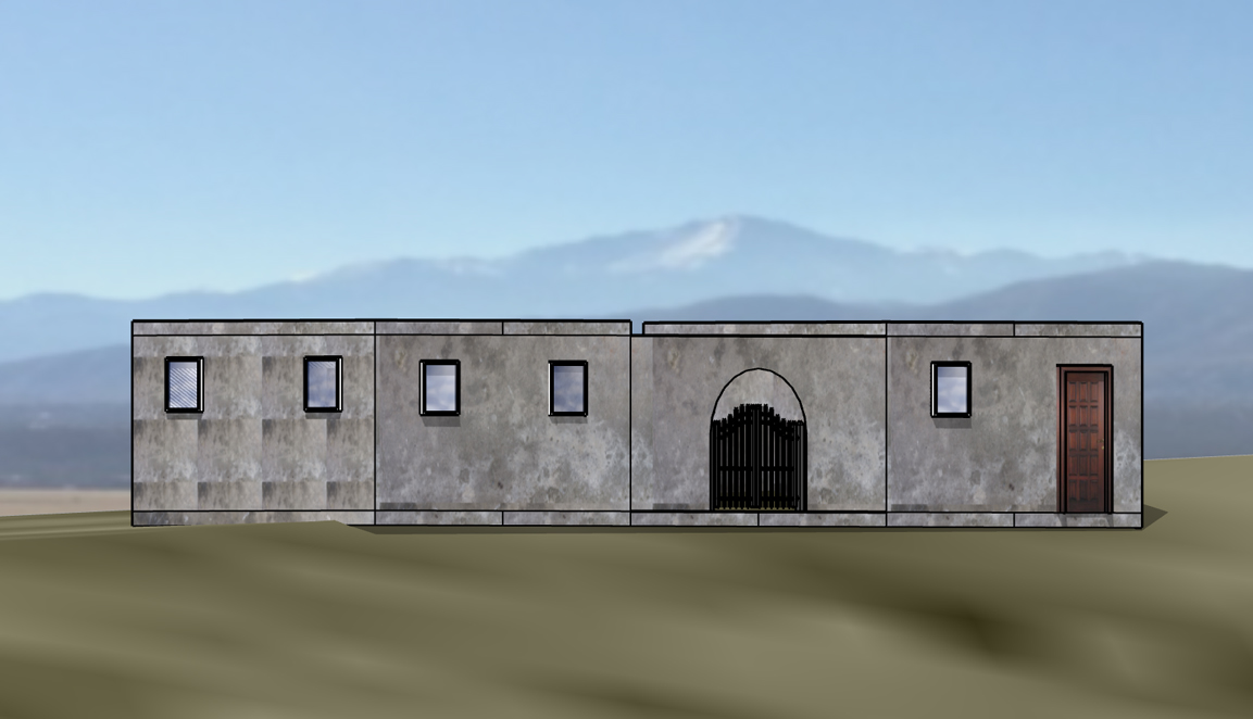 A drawing of the front of an old building.