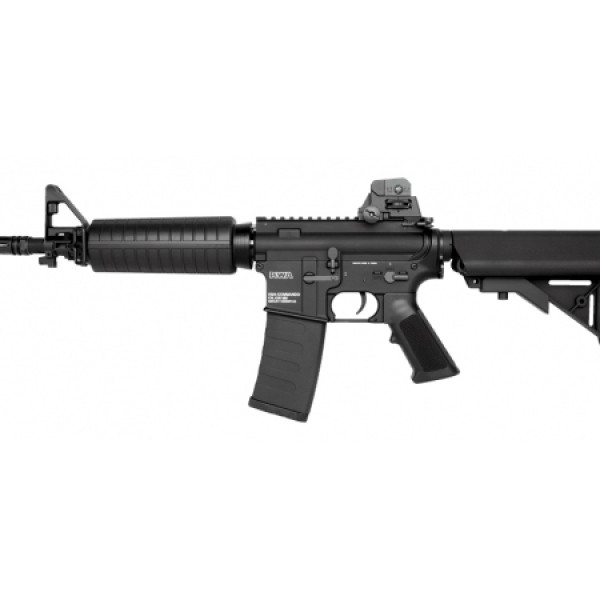 A black rifle with an automatic gun sight and magazine.