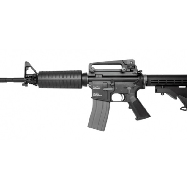 A black rifle with an automatic gun attachment.